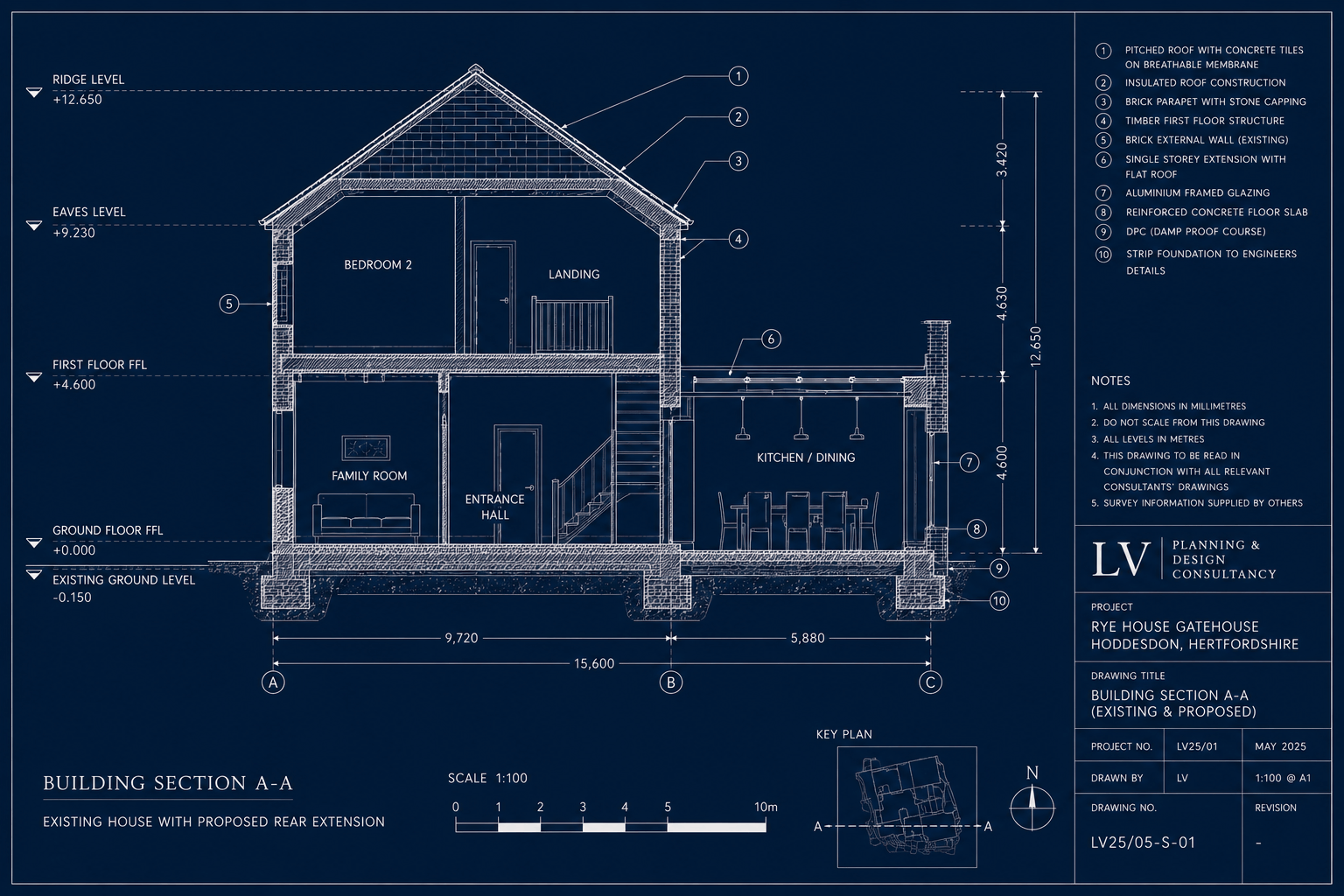 Building section drawing showing floor levels, roof construction and ceiling heights