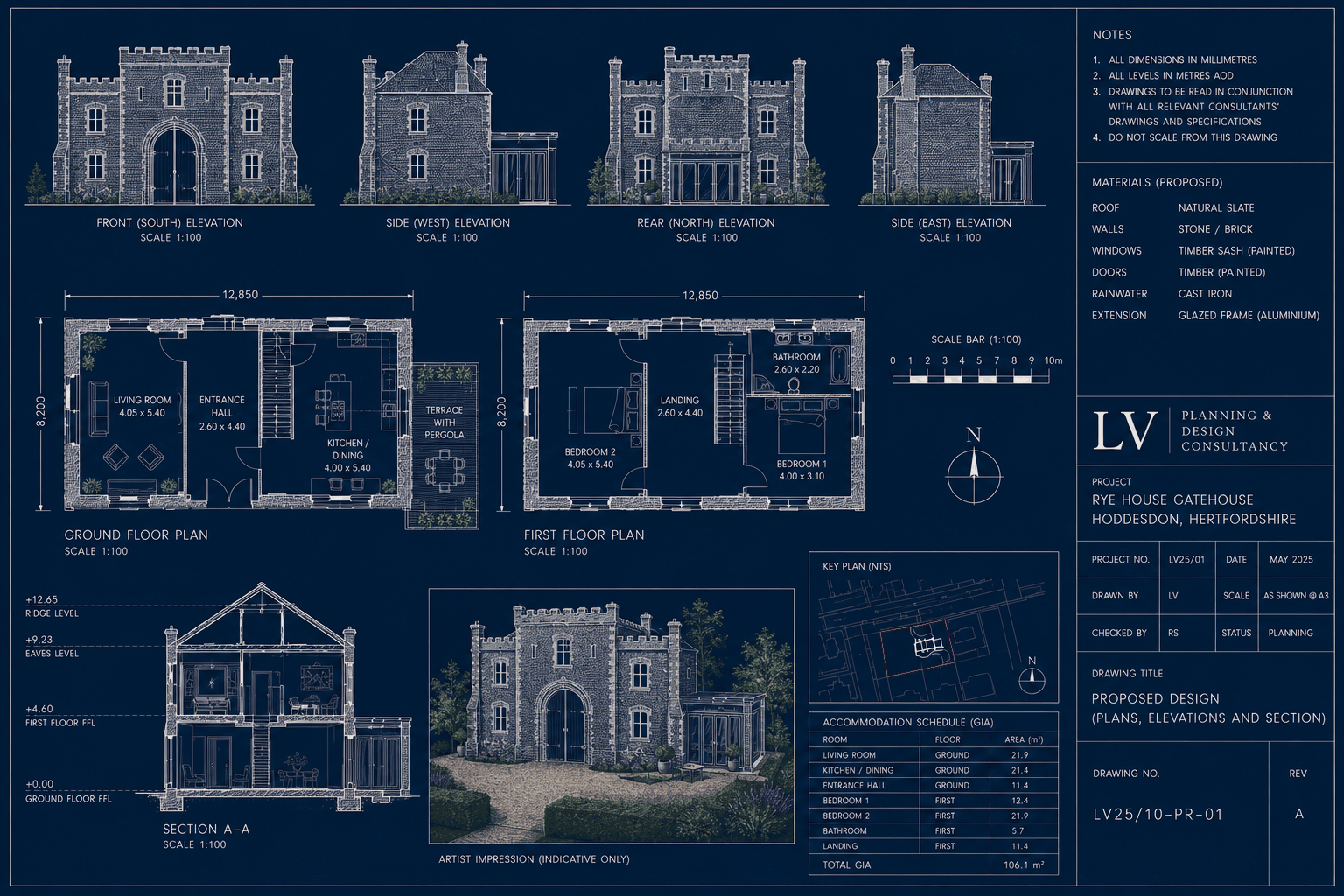 Blueprint illustration of a measured survey of an existing house